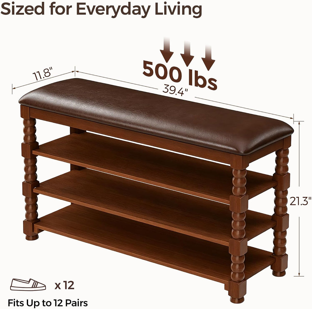 Homleke Solid Wood Shoe Storage Bench with Cushion,Classic Turned Ball Legs |...