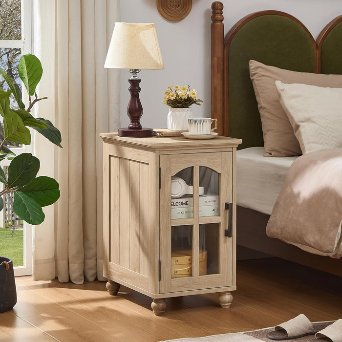 RWYHG Narrow Side Table, Farmhouse Nightstand with Charging Station | End Tables with Glass Barn Door, Cabinet Organizer with Adjustable Shelf, Night Stand for Small Spaces Living Room Bedroom