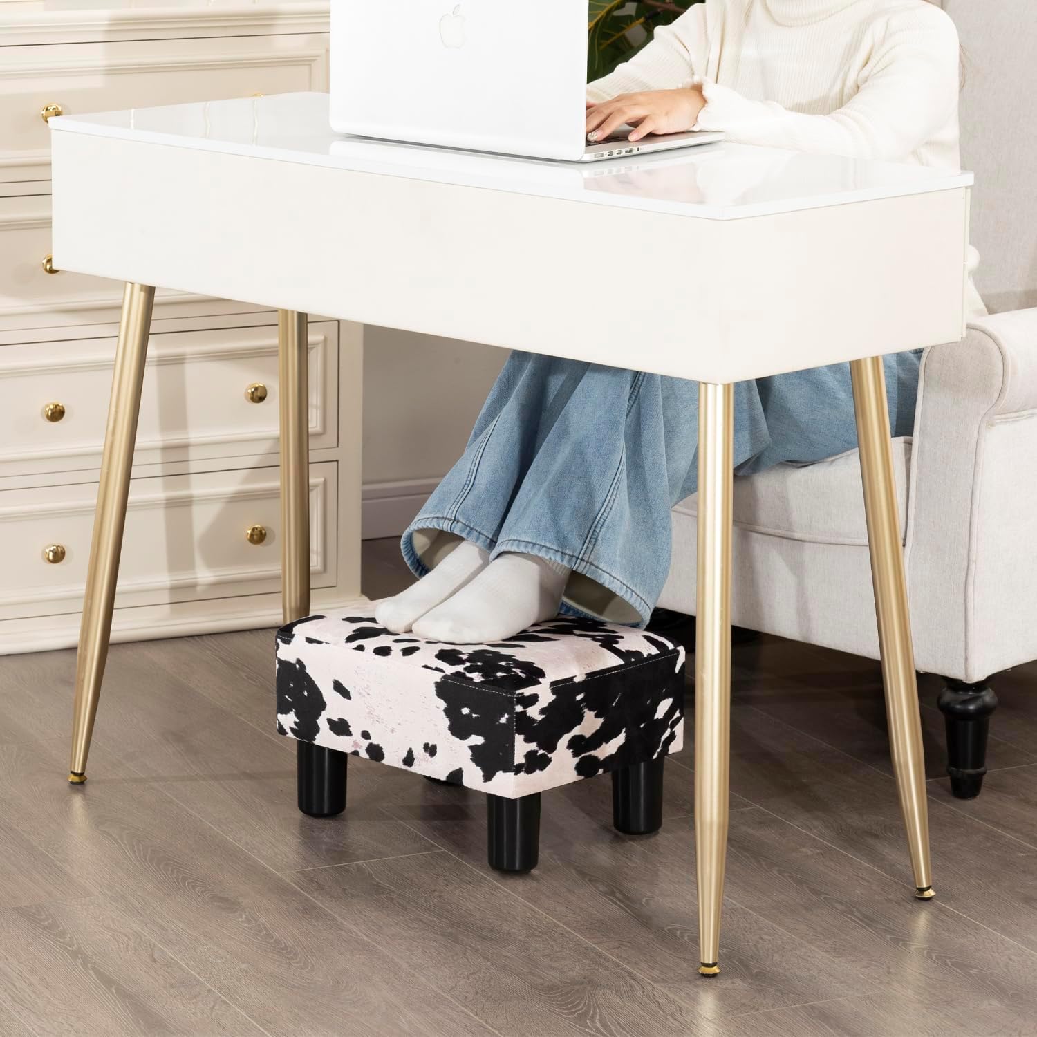 Adeco Small Cow Print Ottoman Foot Stool with Legs, Small Footstool, Fabric Seat with Thick Cushion, for Living Room, Bedroom, Entryway, 335 lb Weight Capacity