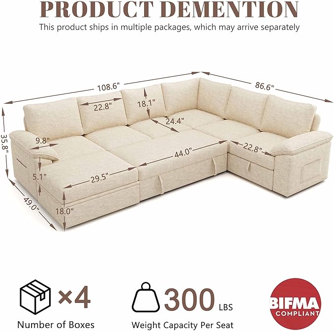 108 Inch Modular Sectional Sofa with Pull Out Bed,U Shaped 7 Seat Sectional Sleeper Sofa with Storage,Sectional Couches for Living Room,Cloud Modular Couch,Removable Sofa Cover,Beige