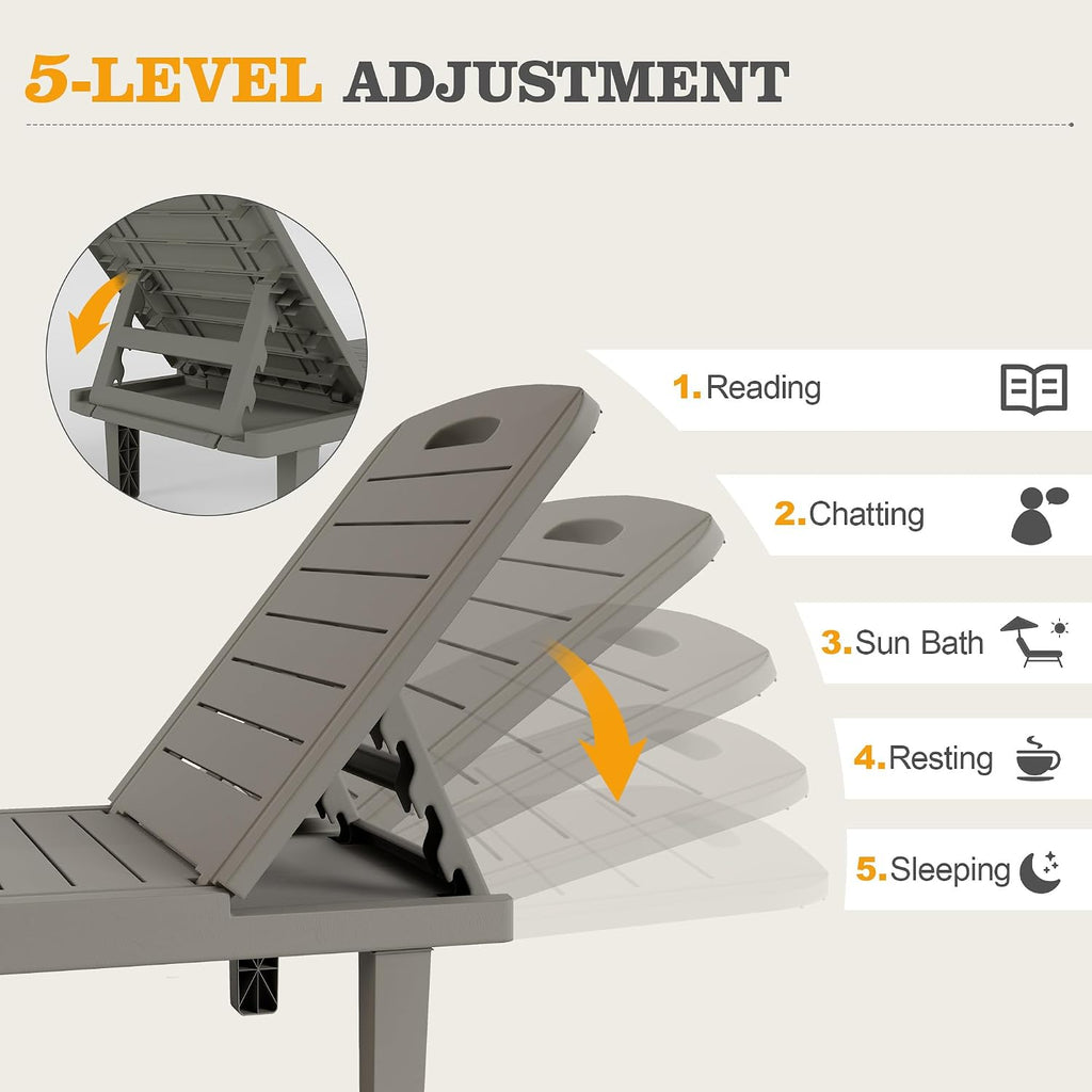 UDPATIO Outdoor Lounge Chair Pool Waterproof Chaise Chairs Reclining | Resin 5-Position Adjustable with Cup Holder Patio Recliner Furniture Weather Resistance for Beach Garden Indoor Resin L Grey