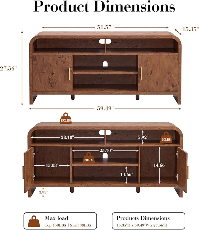 TV Stand for TVs Up to 65'' - [Unique Curved Profile, FSC-Certified Wooden Board] Entertainment Center with Adjustable Shelves and Storage Cabinet Modern Media Console for Living Room
