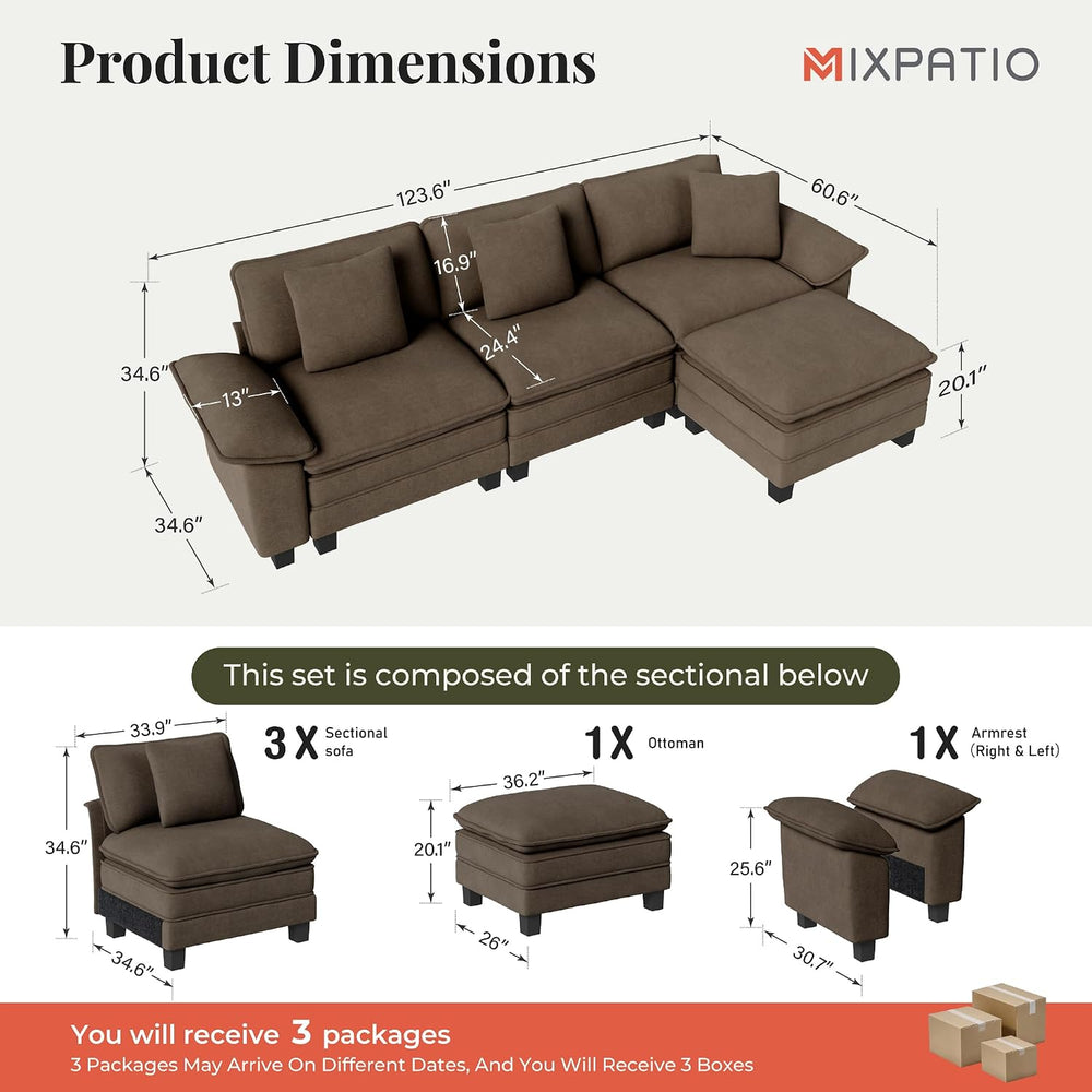 MIXPATIO 124" 4-Seat L Shaped Modular Sectional Sofa,Chenille Taupe | Mo...