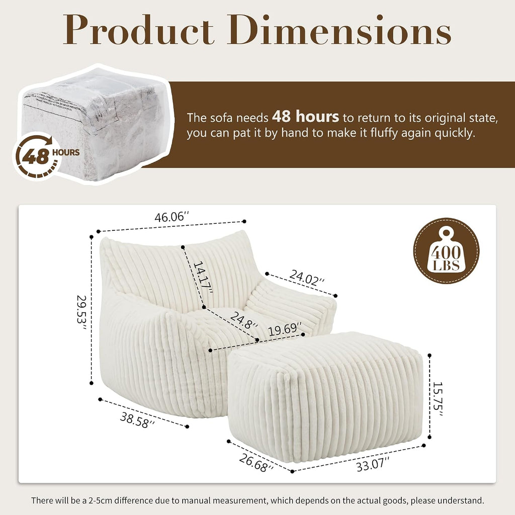 Oversized Bean Bag Chair for Adults, Giant Plush Boneless Bean Bag Couch with Wide Armrests for Bedroom, Living Room & Dorm - Giant Chaise Lounge Chair Indoor & Ottoman, Floor Reading Lounger(Beige)