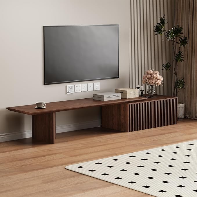 XEW Extendable TV Stand with Storage and Shelves, Wood Entertainment Center for 55+ Inch TV, Modern TV Console, Minimalist Media Console for Living Room, Bedroom-Walnut (Extendable: 78.7"-110")