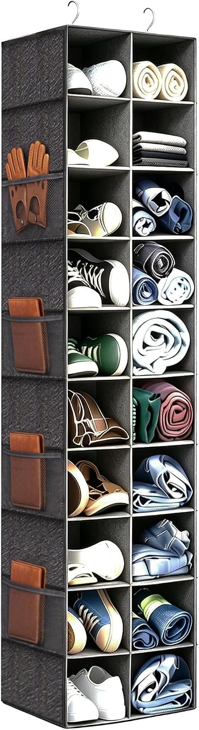 Hanging Shoe Organizer for Closet - 20 Extended Sections Closet Shoe Storage Rack with 8 Side Mesh Pockets, Foldable Shelves Holder for Shoes Clothes Shirts Jeans Hats