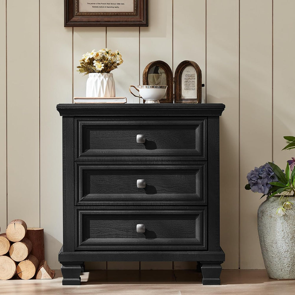 SAVOR LIFE 3-Drawer Nightstand Set of 2 with Solid Wood Legs, Black | Pair of...