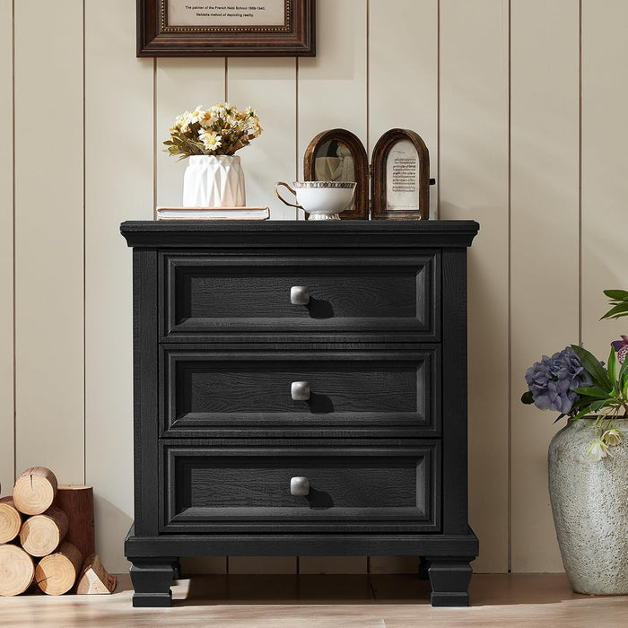 SAVOR LIFE 3-Drawer Nightstand Set of 2 with Solid Wood Legs, Black | Pair of three-drawer bedside tables with sturdy square wood legs for matching bedroom storage or living-room end tables