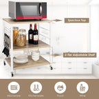 Giantex Kitchen Bakers Rack 3-Tier Microwave Cart on Wheels, Industrial Utility Bar Cart with 10 Hooks Metal Frame Wood Storage Shelves, Rolling Microwave Stand, Maple & White