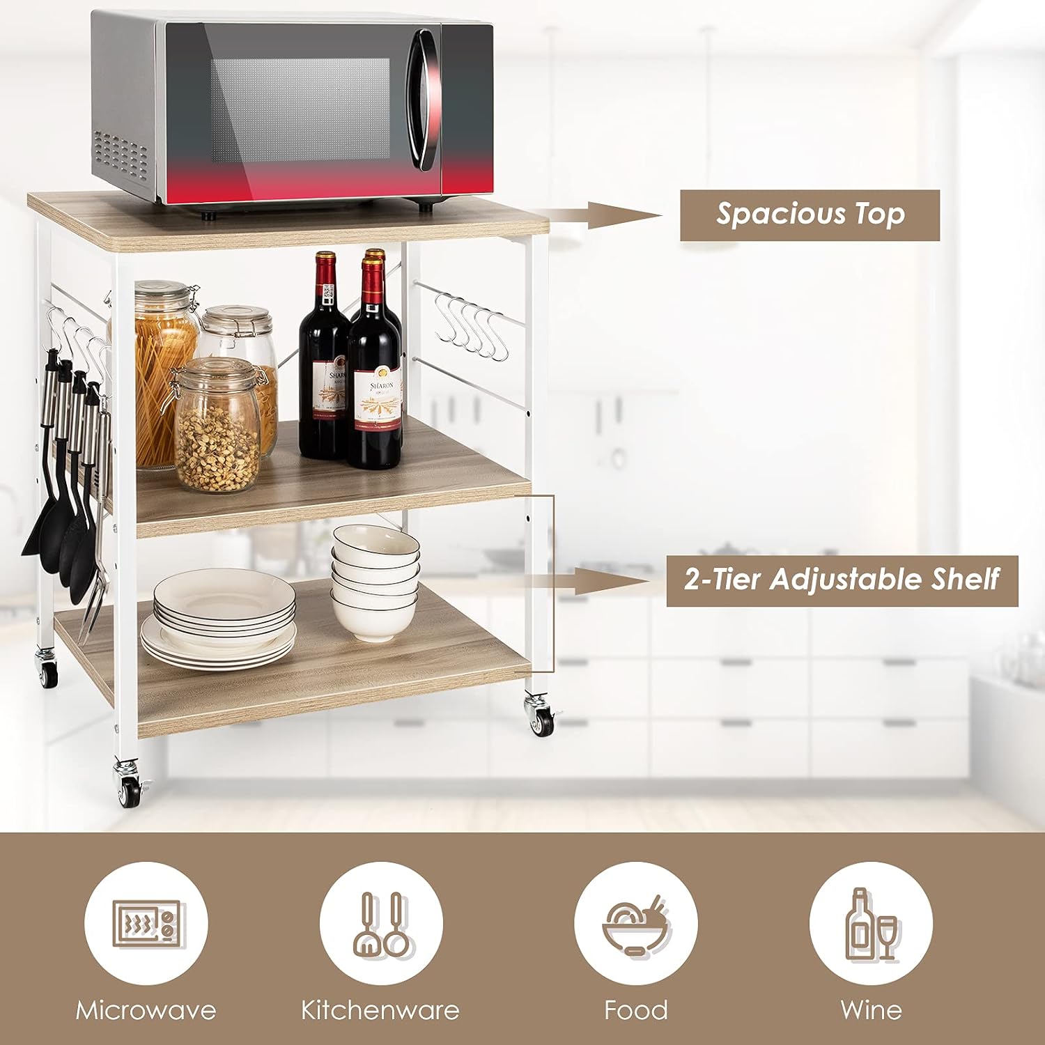 Giantex Kitchen Bakers Rack 3-Tier Microwave Cart on Wheels, Industrial Utility Bar Cart with 10 Hooks Metal Frame Wood Storage Shelves, Rolling Microwave Stand, Maple & White