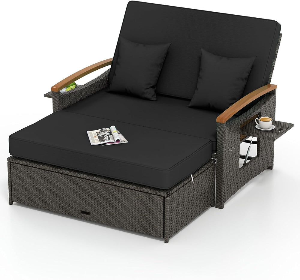 COSTWAY Patio Rattan Daybed, Outdoor Loveseat Sofa with Storage Ottoman, 4-Le...