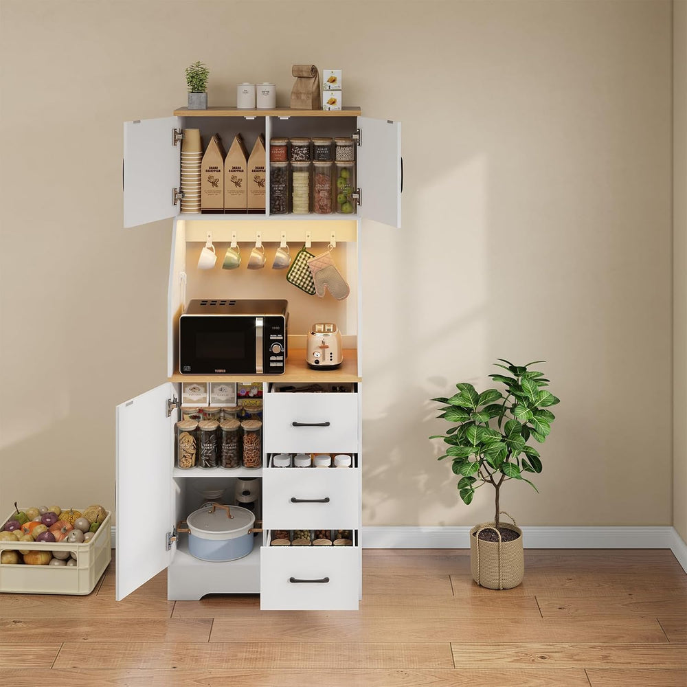 LLappuil 67" Kitchen Pantry with LED Light & Outlet, Kitchen Hutch w...