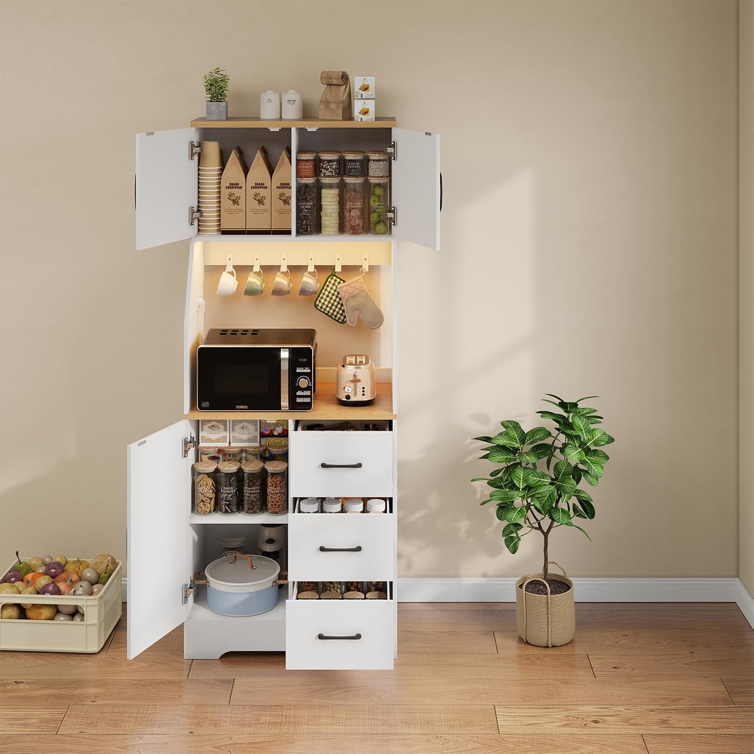 LLappuil 67" Kitchen Pantry with LED Light & Outlet, Kitchen Hutch with 6 Hooks, Drawer, Adjustable Shelves White