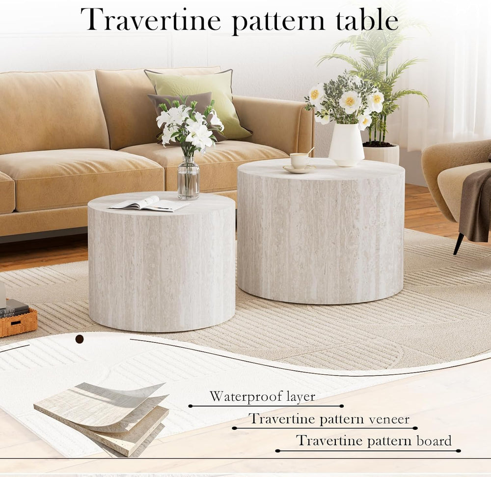 Round Wood Coffee Table Set of 2 Grey Travertine 18.2 inch | 2 Piece Round Wo...