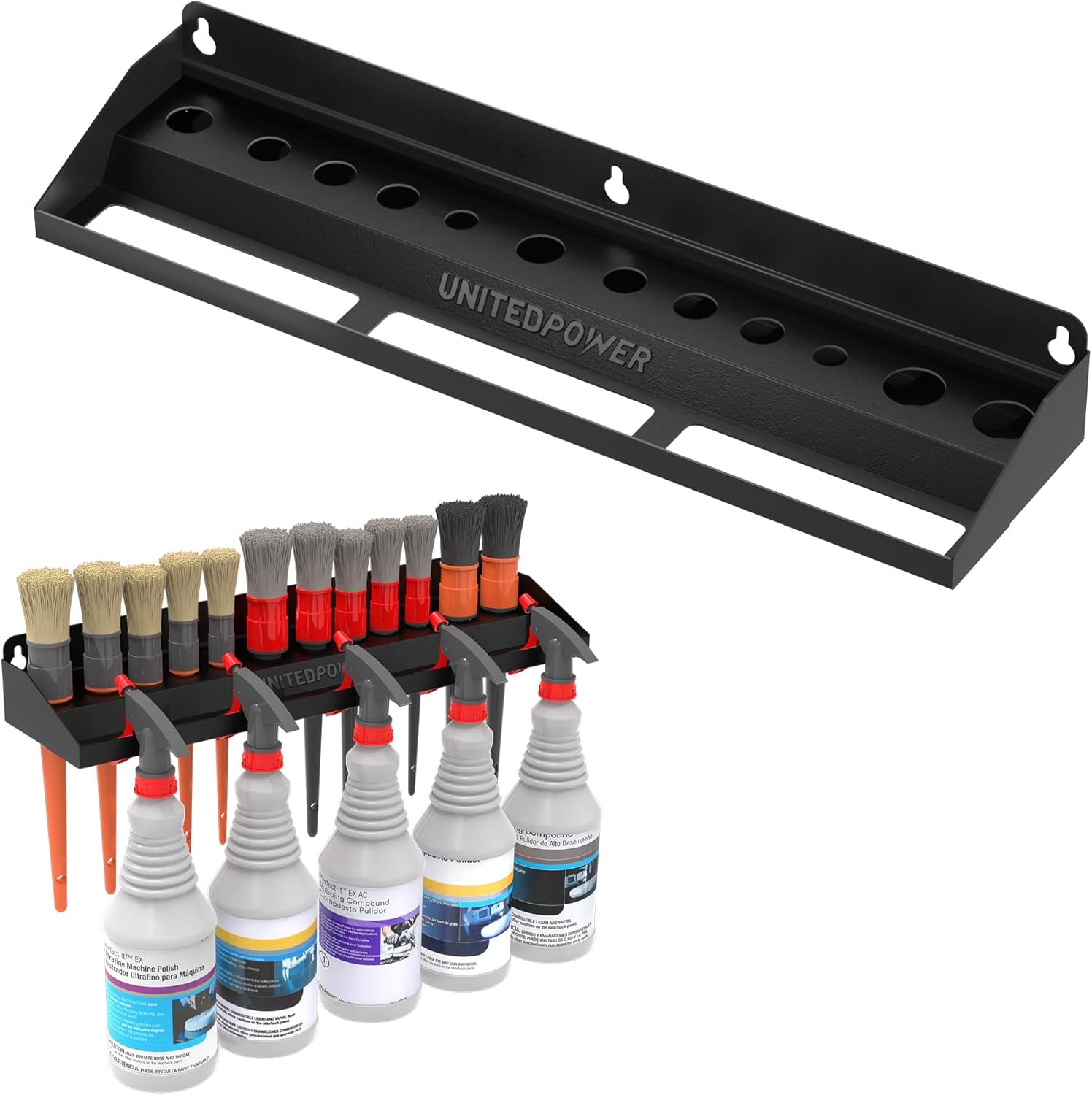 UNITEDPOWER Brush and Trigger Bottle Holder, Wall Mount Storage Rack Organizer for Auto Repair Shops Car Washes And Home Garages, Stores up to 12 Detailing Brushes & Hanging Rail for Bottles