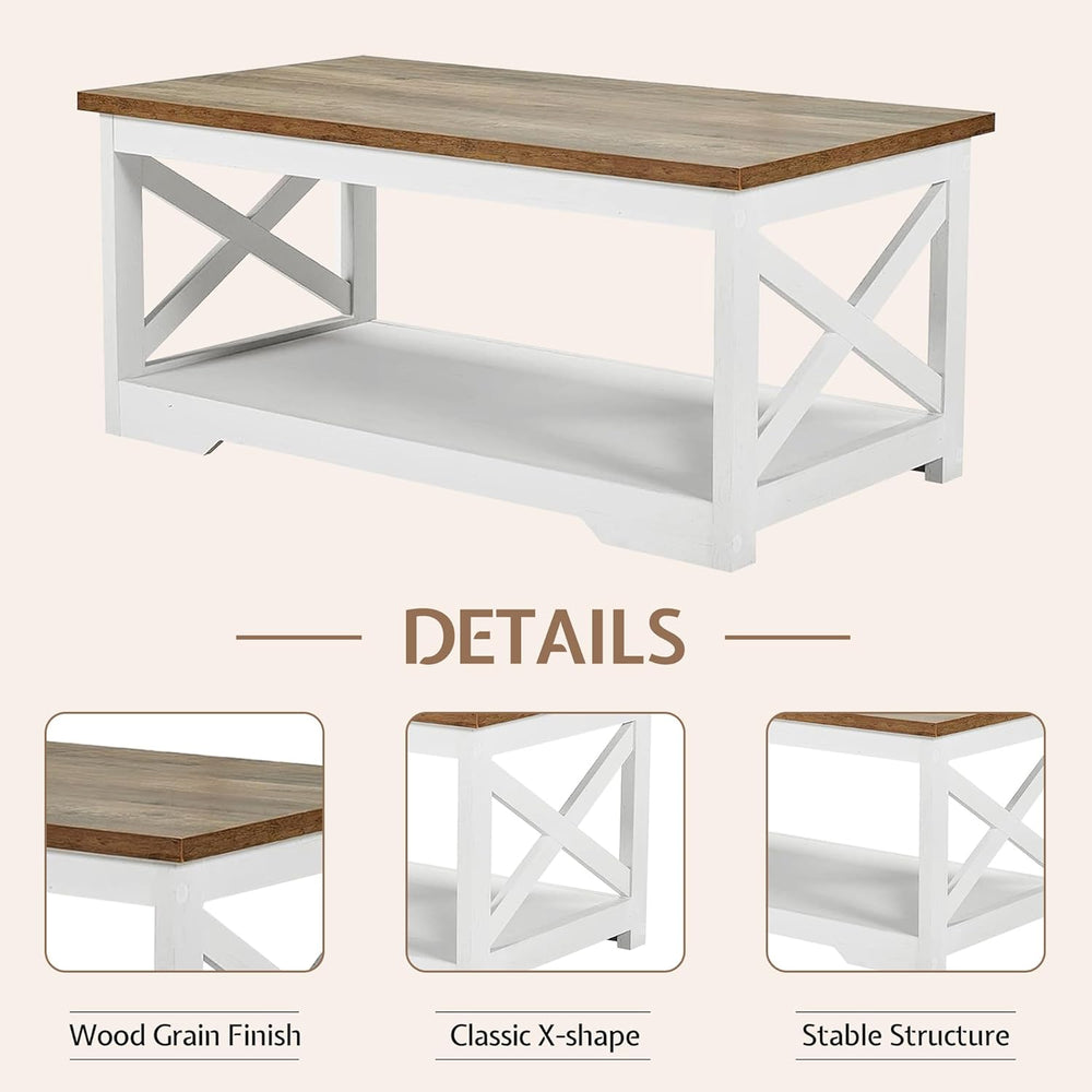 LUXOAK 3 Piece Living Room Table Set with Barn Door, Distressed White | Inclu...
