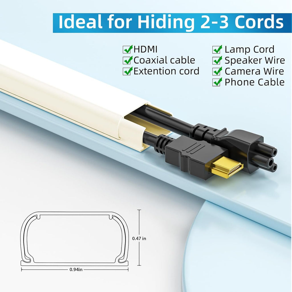 Yecaye 142in Wall Cord Hider for 2-3 Cords, On-Wall Cord Cover Channel, Cable Concealer, Cable Cover Cords Management for Home Office, W0.94in H0.47in, Beige