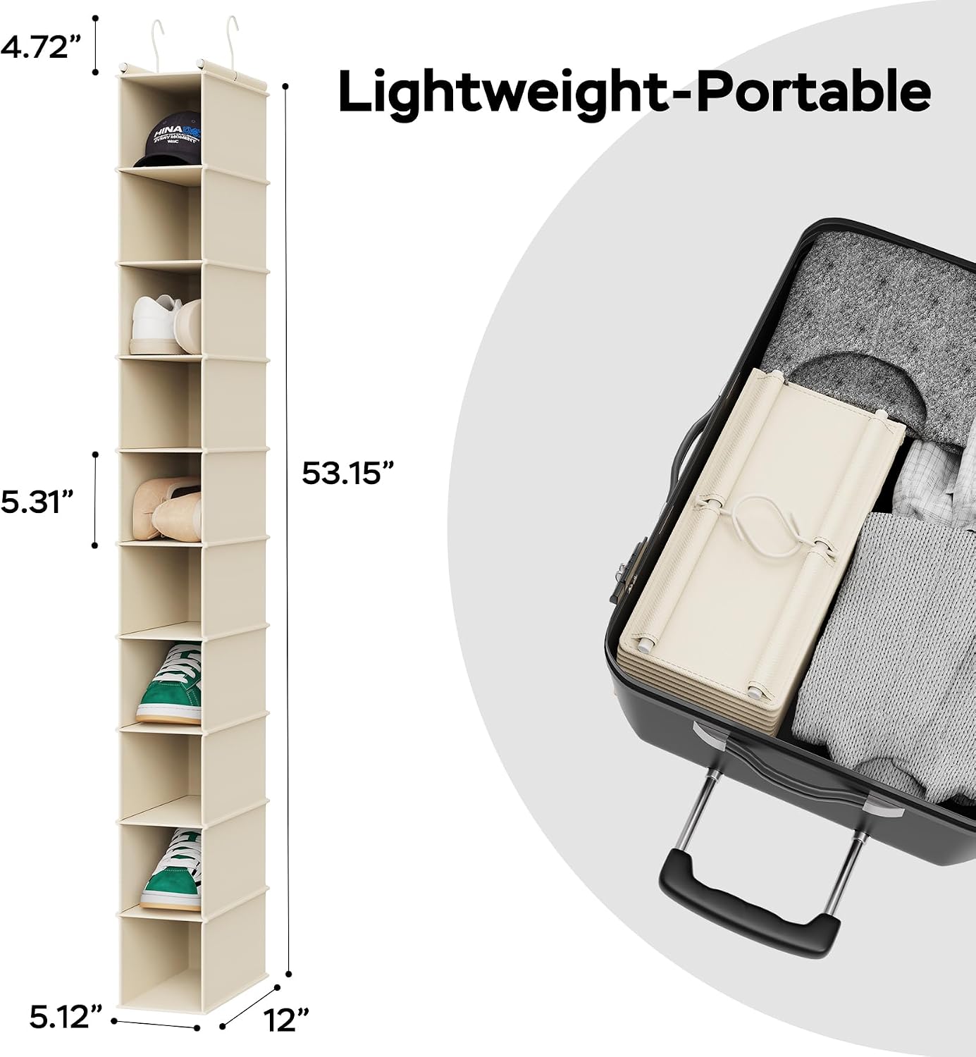 MAX Houser 10-Shelf Hanging Shoe Shelf Organizer for Closet Beige | Foldable Hanging Shoe Storage Shelf with 2 Metal Hooks, Space Saving Storage for Narrow Space