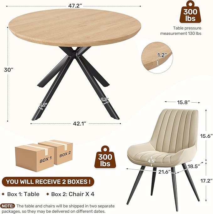 47.2" 5-Piece Round Dining Table Set for 4, Modern Wood Dining Table with 4 Upholstered Chairs, Kitchen & Dining Room Table Set with Metal Base for Apartment, Small Space, Natural Table+4 Beige Chairs