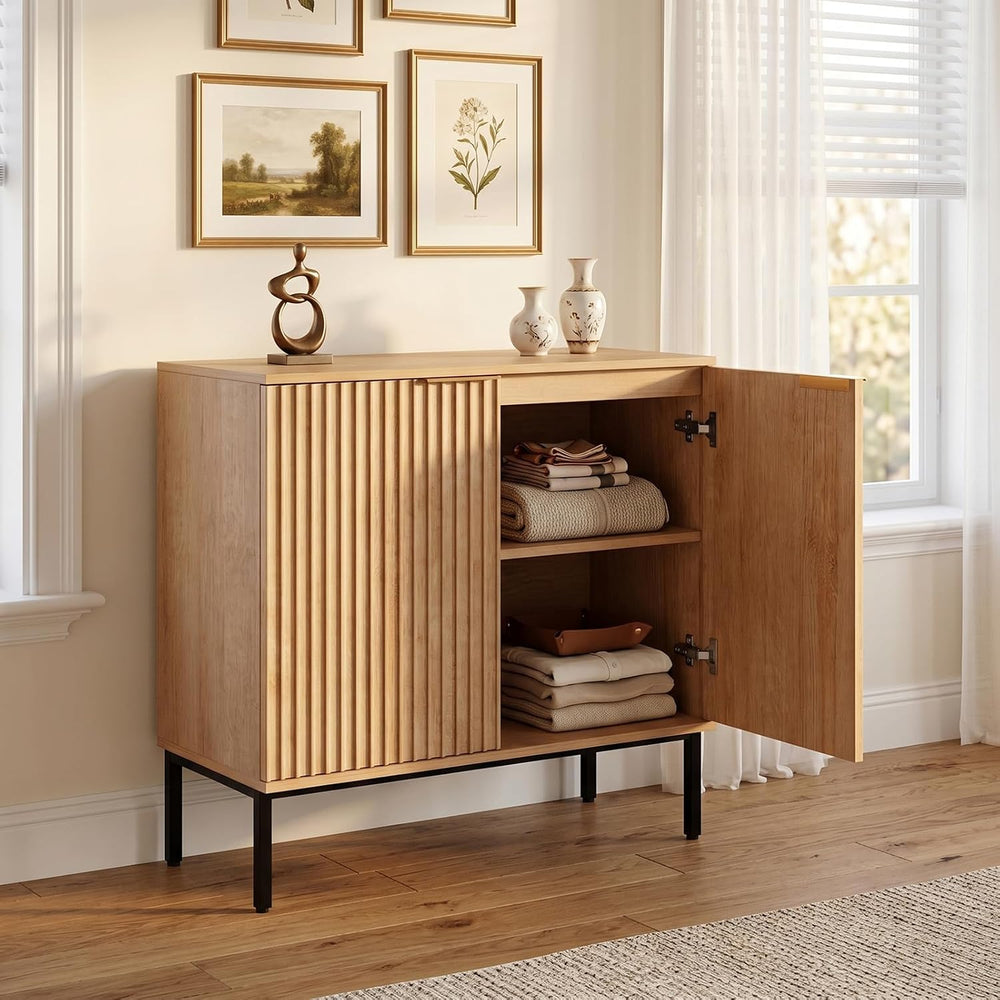Fluted Buffet Cabinet with Storage, Sideboard for Dining Room, Modern Wood Ki...