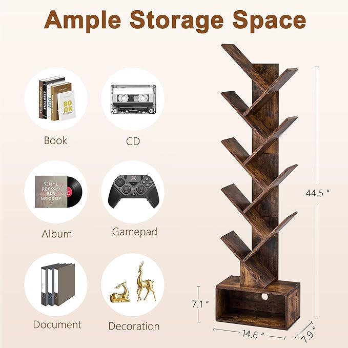 Hoctieon 9 Tier Tree Bookshelf, Tall Bookcase with Drawer, Wood Book Shelf, M...