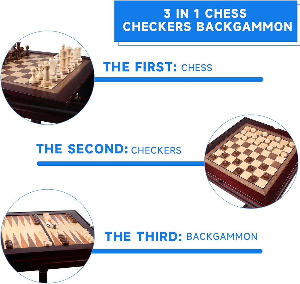 GSE Wooden 3-in-1 Chess Checkers Backgammon Game Table Set with Game Pieces |...