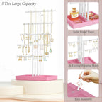 Love-KANKEI Jewelry Organizer Stand, 5 Tier Large Necklace Holder with Wood Base, Jewelry holder stand Tree for Display, Bracelets Earrings Rings, Height Adjustable Gift Pink and White