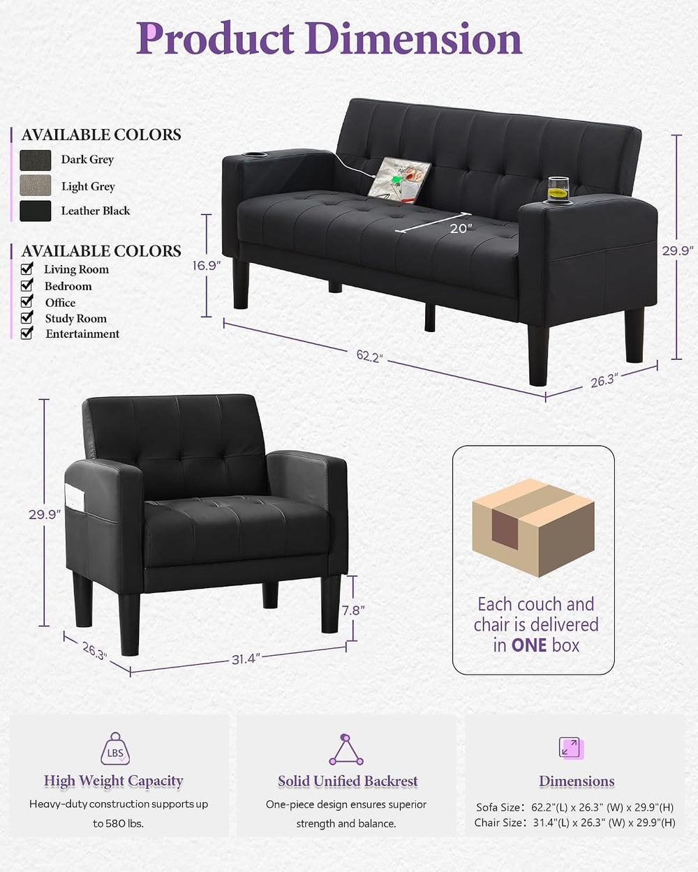 62" W Leather Loveseat and 2 Chairs, Living Room Sets w/Charging Station