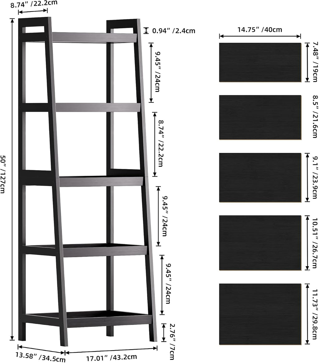 SMIBUY Bamboo Ladder Bookcase, Bathroom Storage Rack Organizer, 4 Tier and 5 Tier Freestanding Plant Display Stand Space Saver Shelves for Bedroom, Kitchen, Balcony (Black, 5 Tiers (50" H))
