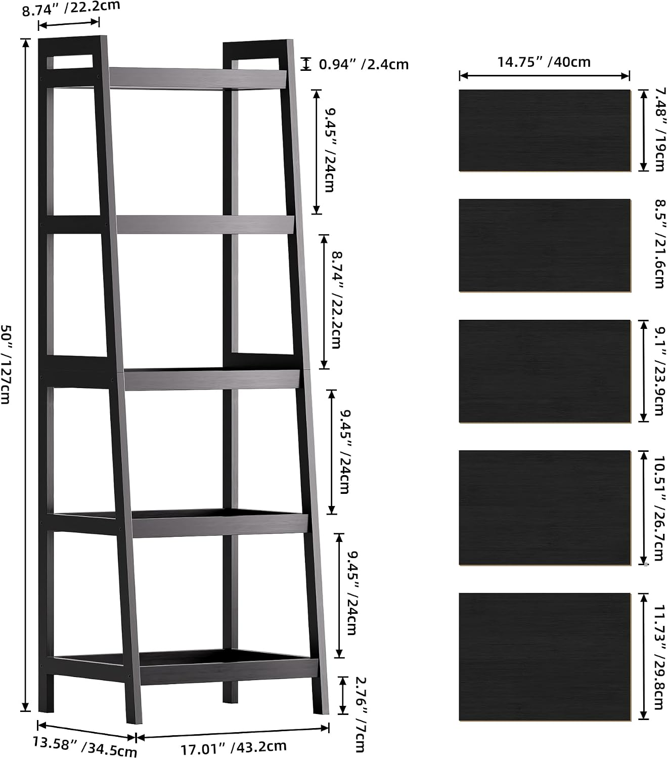SMIBUY Bamboo Ladder Bookcase, Bathroom Storage Rack Organizer, 4 Tier and 5 Tier Freestanding Plant Display Stand Space Saver Shelves for Bedroom, Kitchen, Balcony (Black, 5 Tiers (50" H))