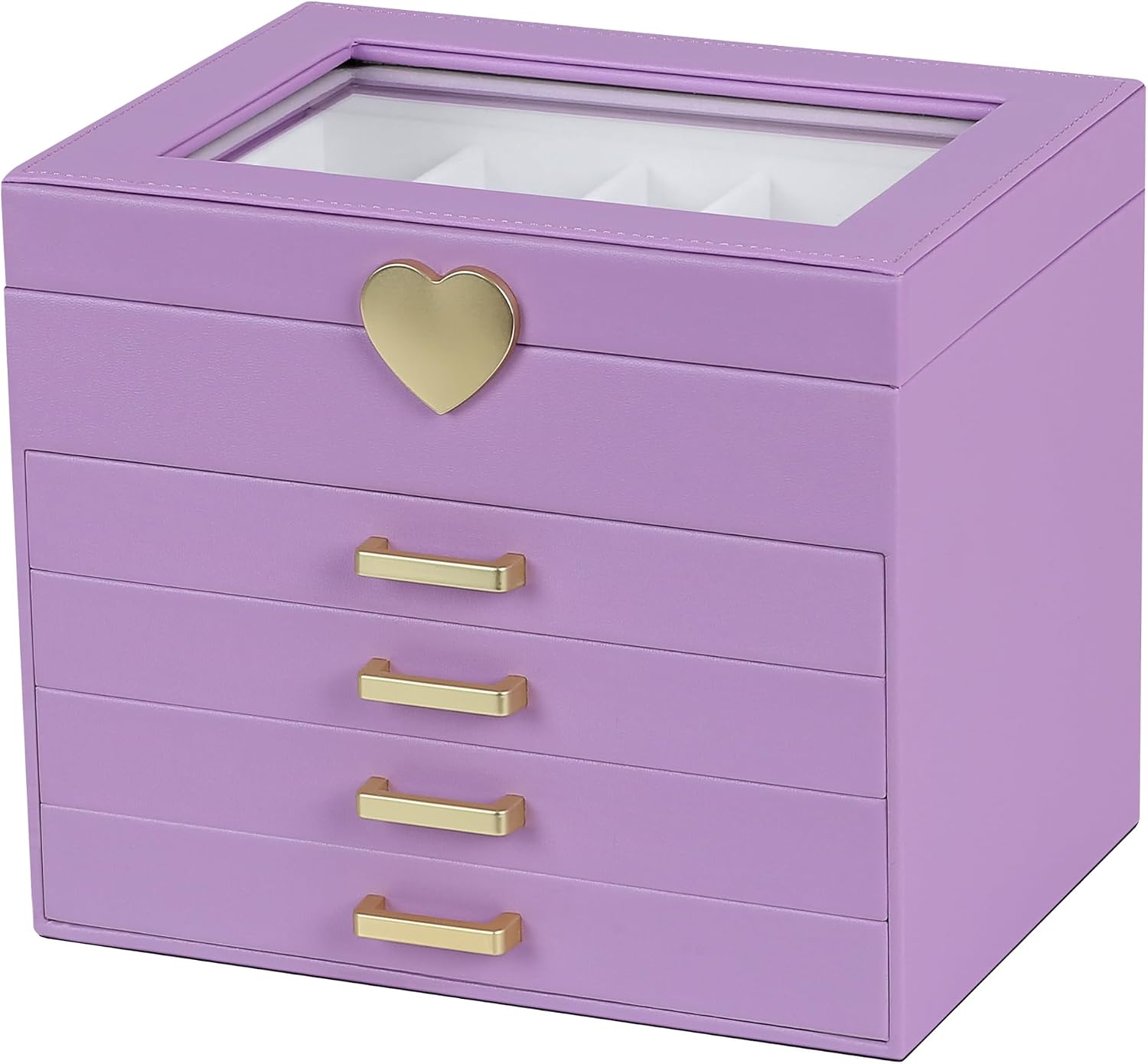 Kendal Jewelry Box, 5-Layer Jewelry Organizer Box with Glass Lid, Purple, Heart Shaped PU Leather, Storage Box for Necklace Earrings Rings Bracelets, Gift Idea for Girls LJC4DRPL