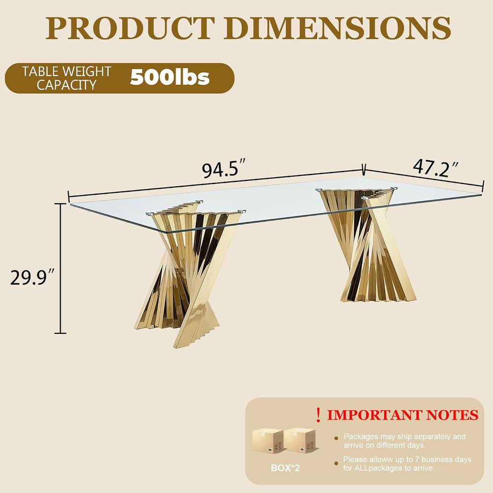 Luxury 94" Glass Dining Table for 8-10 People, Modern Rectangle Tempered...
