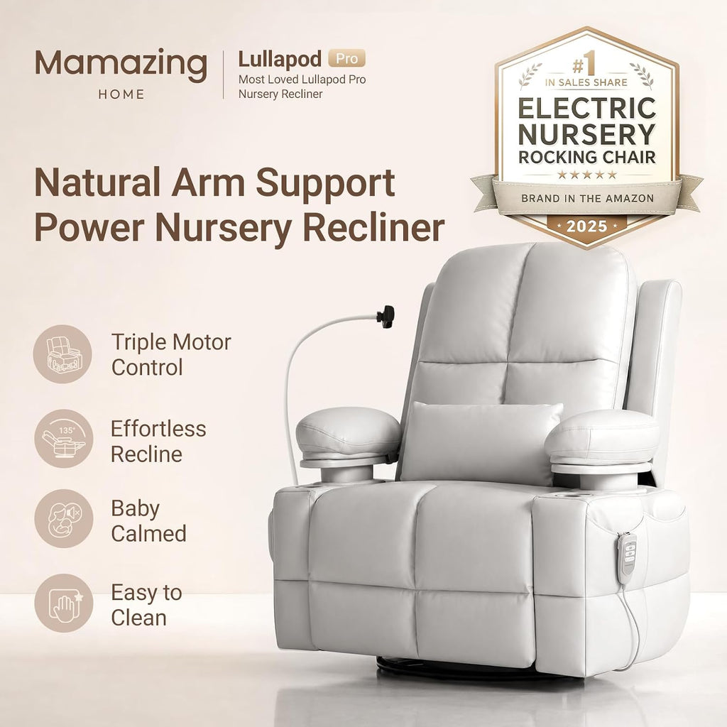 MAMAZING Lullapod Power Nursery Recliner Rocking Chair, Triple Motor Power Recliner with HugAssist Armrest, 270° Swivel Glider and Quiet Rocking Chair Nursery with Dual Charging Port and Storage