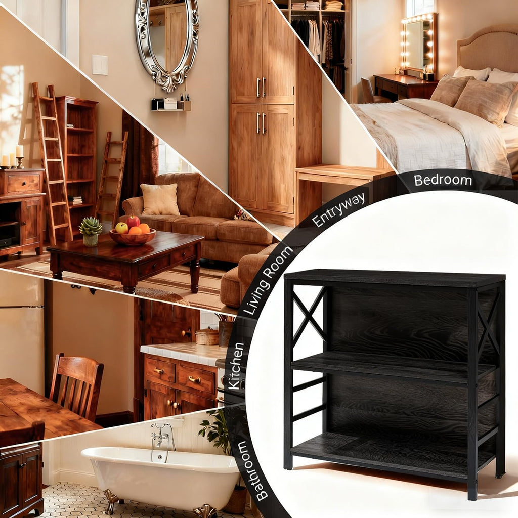 MNEETRUNG Small Bookshelf,3 Tier Industrial Bookcase with Metal Frame and Backboard,Low Black Book Shelf,Book case for Small Spaces,Living Room,Bedroom and Home Office