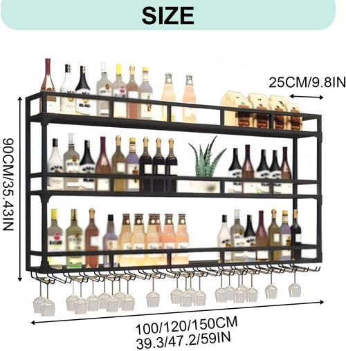 47.2in Wall Mounted Wine Rack, Wine Rack Wall Mounted with Wine Glass Rack, Metal Bar Bottle Display Shelf Wine Cups Hanging Holder, for Home Bar Cafe Decoration (Gold, 47.2 * 10 * 35.5IN)
