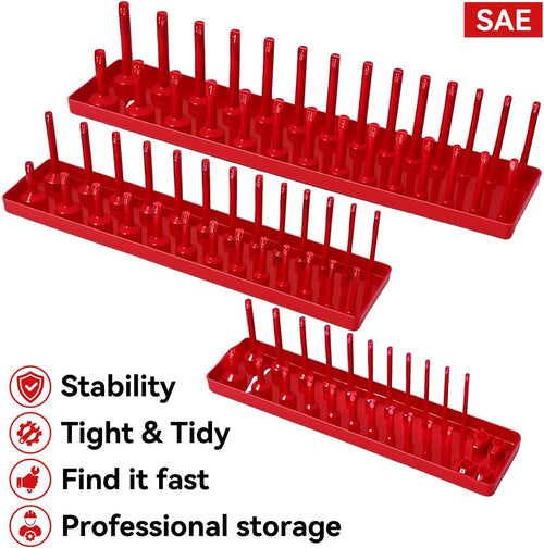 3PCS Socket Organizer Tray Set, SAE Socket Storage Trays, 1/4-Inch, 3/8-Inch & 1/2-Inch Drive Deep and Shallow Socket Holders for Toolboxes