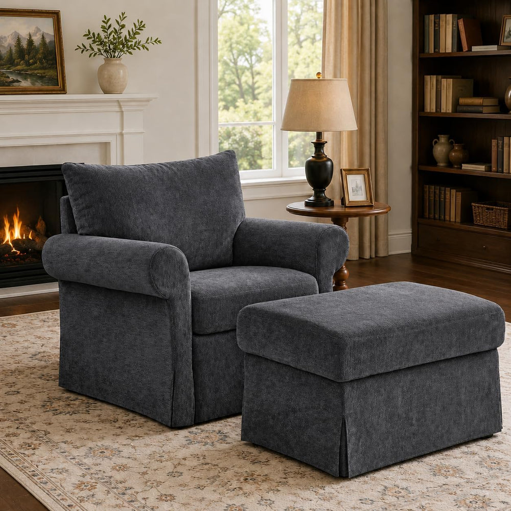 35.82" Oversized Accent Chair with Ottoman, Chenille Armchair, Gray | Ac...