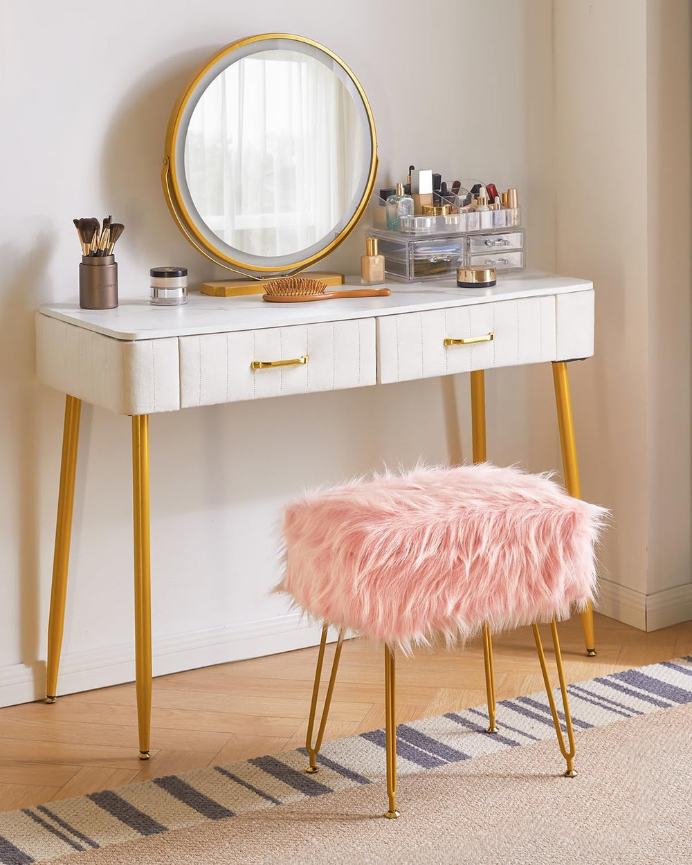 IBUYKE Rectangular Faux Fur Vanity Stool with Storage, Pink WBD022P | Furry M...