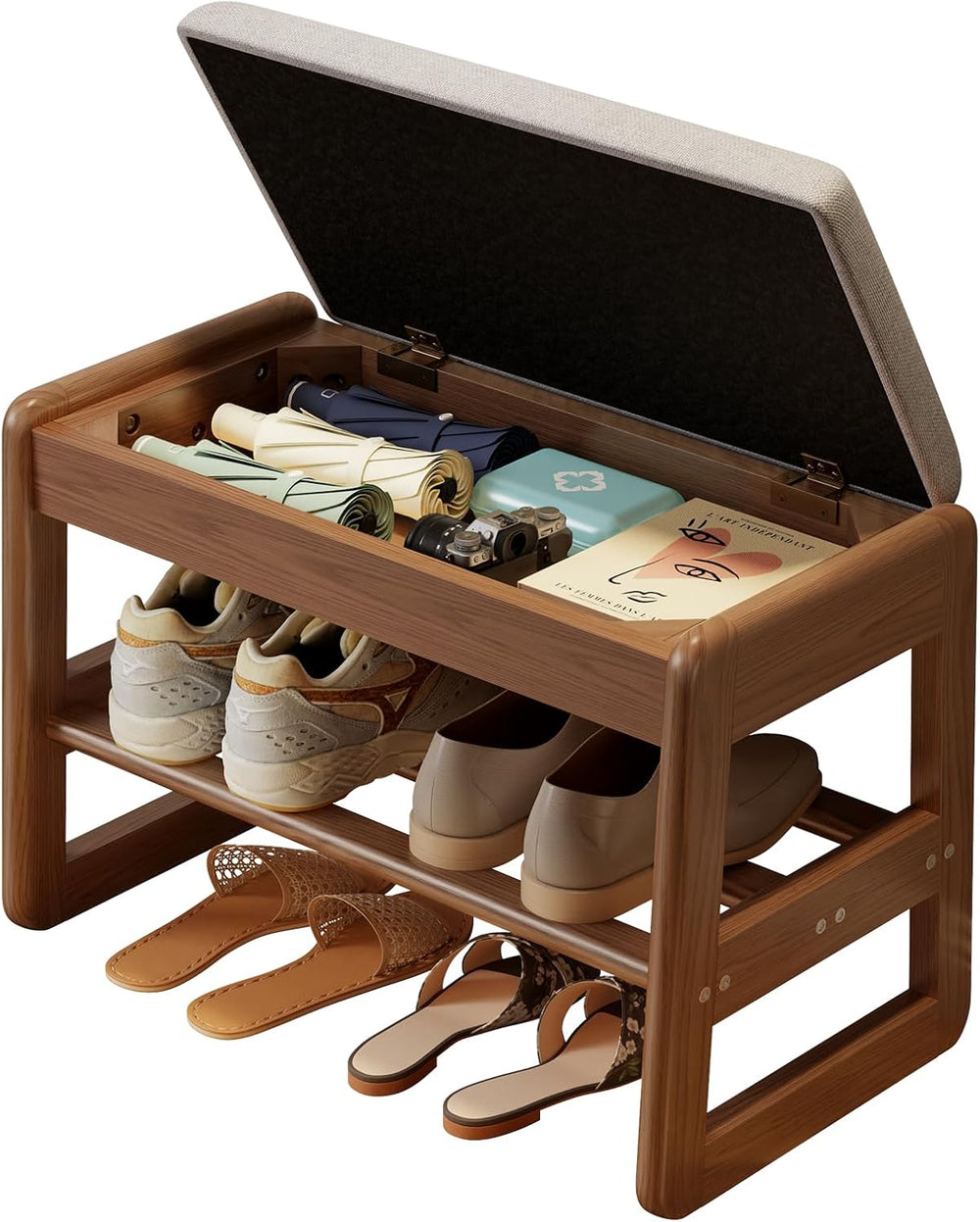 AQIMUELE Shoe Rack Bench,2 Tiers Shoe Bench with Storage with Flip-Top,Wood S...