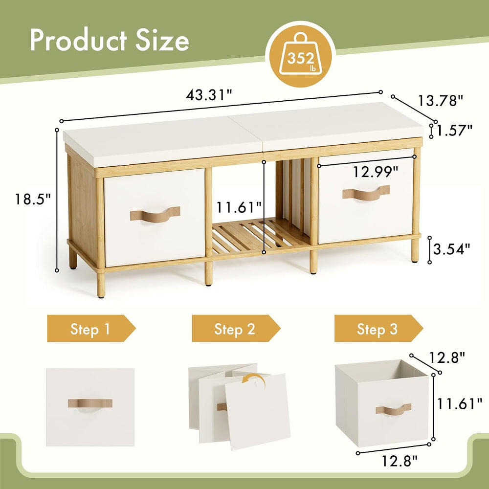 Shoe Bench, 43.3" Storage Bench, Entryway Bench with Cushion Seat | Natu...
