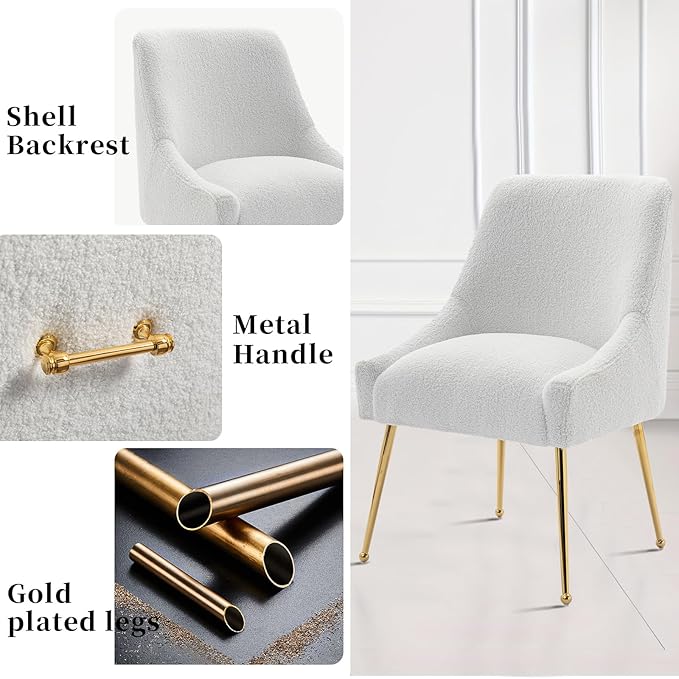 Modern Velvet Dining Chairs Set of 4, Contemporary Upholstered Furniture Collection with Polished Gold Metal Legs, Elegant Accent Chairs for Kitchen Living Room(Teddy Fleece,White)