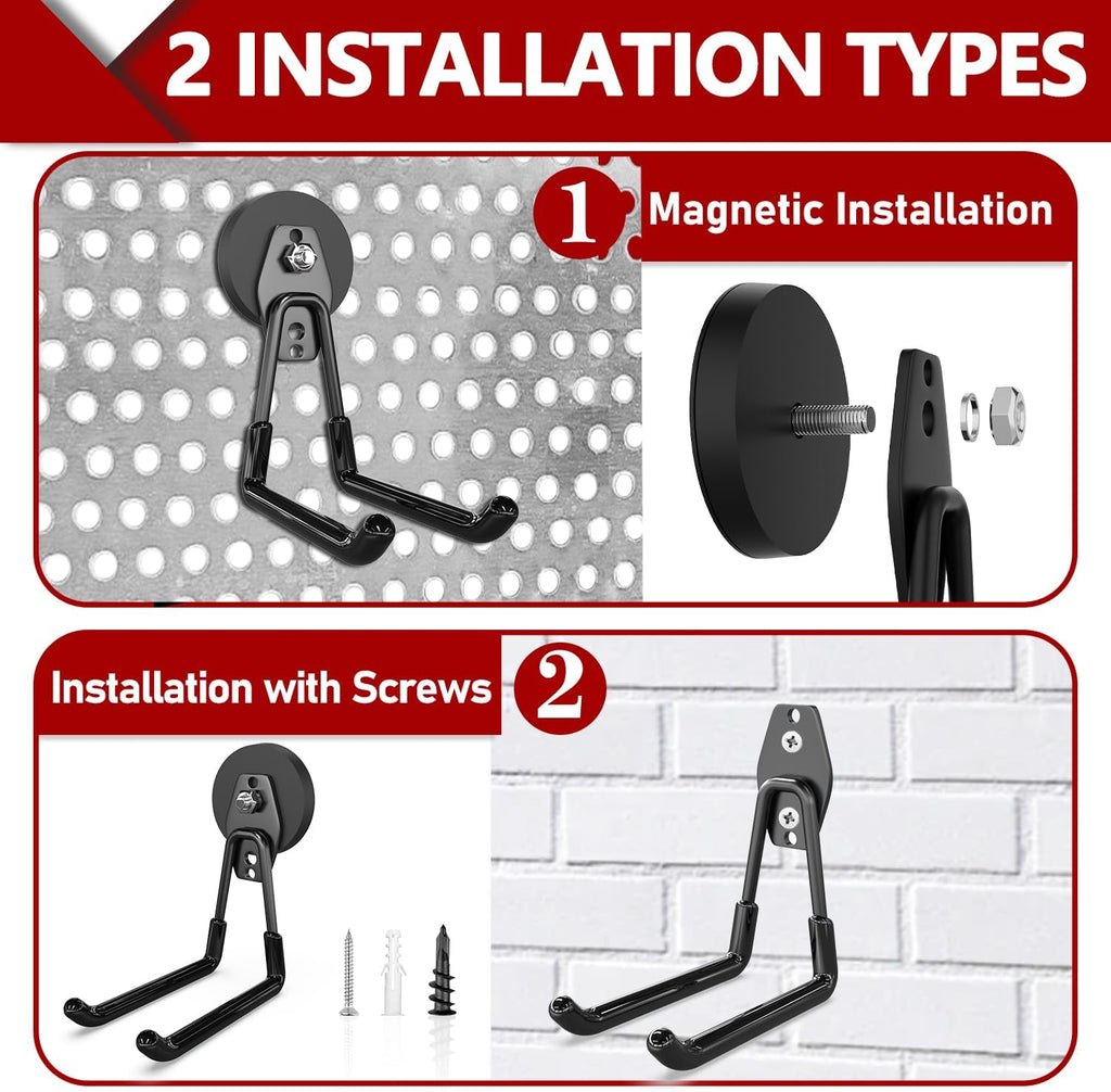 3-H Heavy Duty Magnet Garage Hooks 4 Pack, Extra Large Strong Magnetic Hooks for Hanging Cordless Power Drill, Utility Magnetic Tool Holder for Metal Cabinet, Steel Pegboard, Toolbox, Garage(Black)