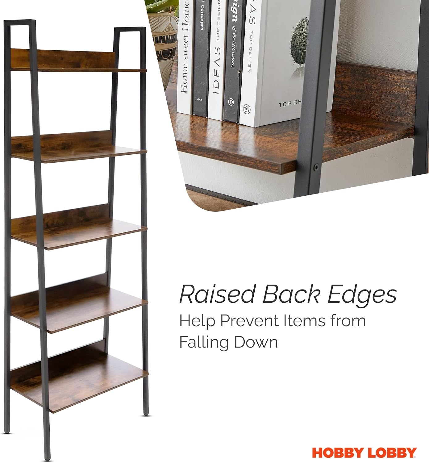 Hobby Lobby 5 Tier Industrial Ladder Shelf, 23.6 x 11.8 x 66.9 inches | Wood Ladder Shelf, Storage Ladder Shelves for Living Room, Bedroom