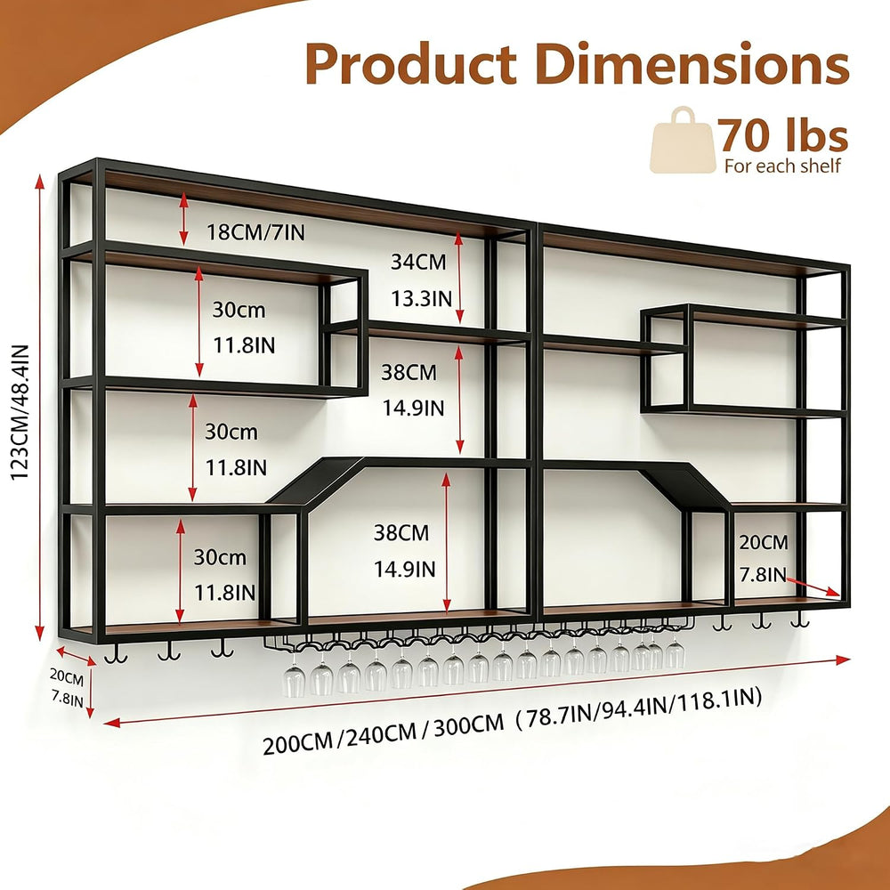 78.7IN Wall Wine Rack with LED, Industrial Iron & Walnut | Iron & wal...