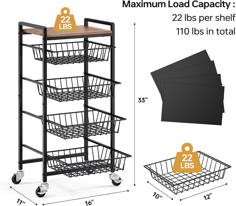 TOOLF 5 Tier Kitchen Storage Cart, Metal Utility Rolling Snack Cart | Wooden ...