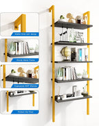 5-Tier Ladder Shelf, Industrial Wall Mounted Bookshelf, Narrow Ladder Bookcase with Wood Board and Metal Frame, Open Display Shelf for Living Room, Bedroom, Office, Black and Gold