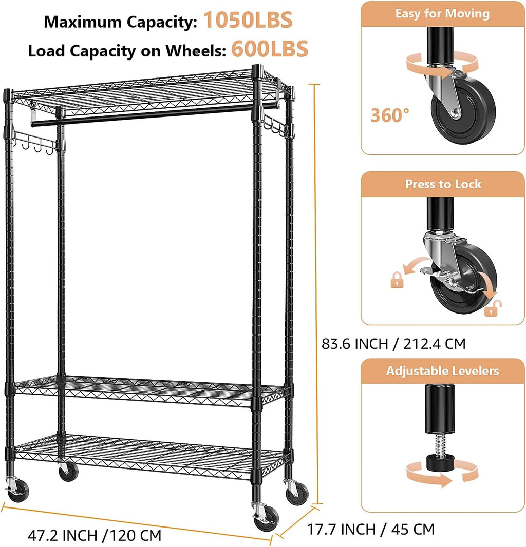 Heavy Duty Rolling Garment Rack 3 Tiers Adjustable Wire Shelving Clothes Rack with Rods and Side Hooks,Storage Closet Clothing Rack with Wheels Black 17.7" D x 47.2" W x 83.6" H