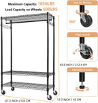 Heavy Duty Rolling Garment Rack 3 Tiers Adjustable Wire Shelving Clothes Rack with Rods and Side Hooks,Storage Closet Clothing Rack with Wheels Black 17.7" D x 47.2" W x 83.6" H