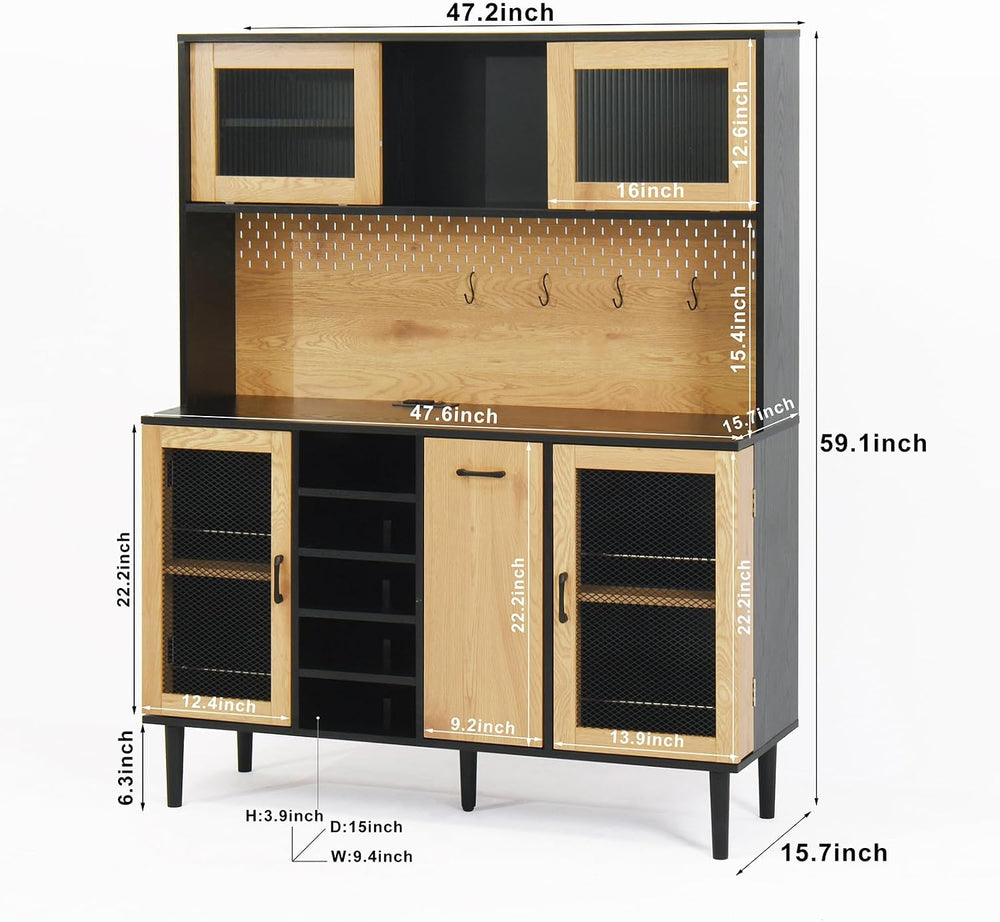 59" Freestanding Kitchen Sideboard, Buffet Sideboard with Wine Rack, Sto...