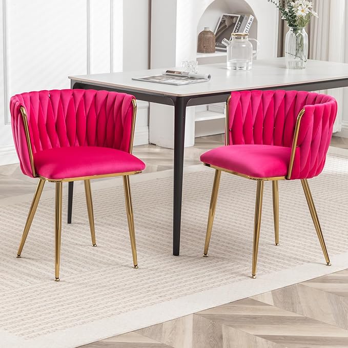 Velvet Dining Chairs Set of 2, Modern Upholstered Dining Chairs with Gold Metal Legs for Dining Room, Vanity, Kitchen, Living Room(Rose Red)